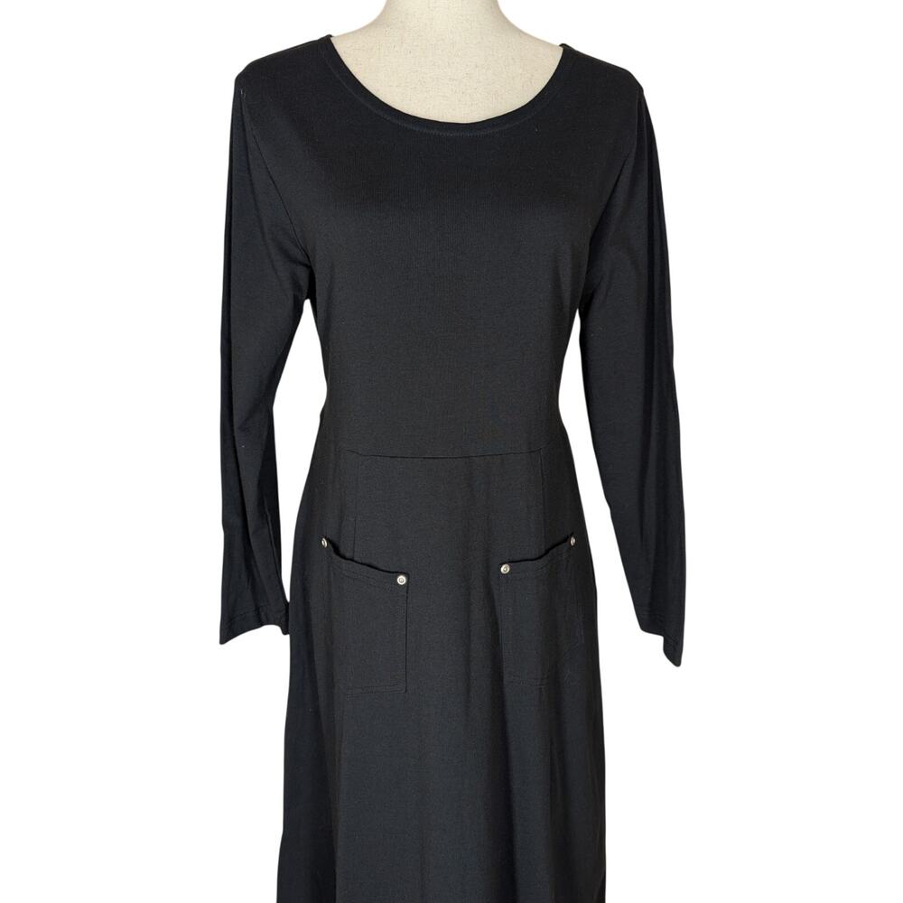 Vintage J. Suzette Black Cotton Maxi Dress Long Sleeve Pockets Lagenlook Size M - Picture 2 of 13